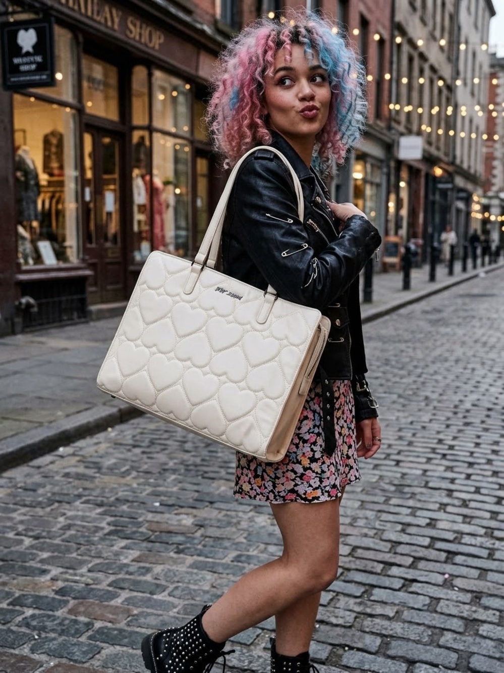 Betsey Johnson Heart Quilted Cream Tote
